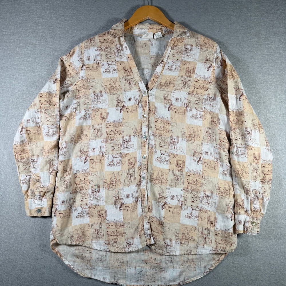 C&C California 100% Linen Toile Checkered Button Up Shirt Tan Cream Womens L